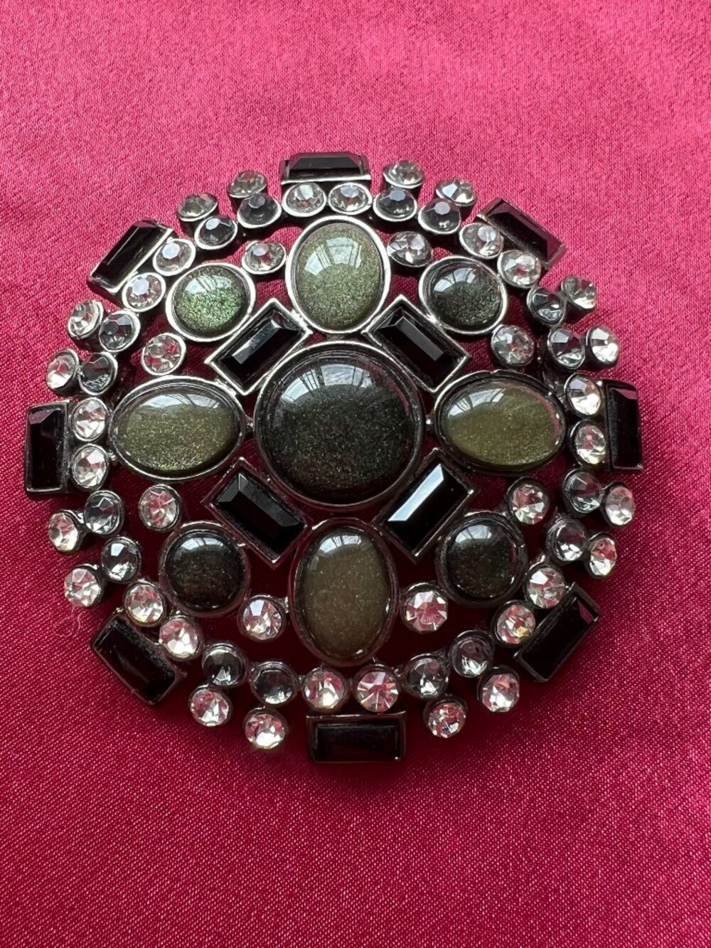 Large Round Vintage Brooch with Gray Stones and Rhinestones